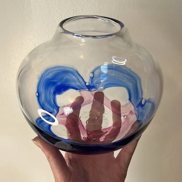 Hand Blown Magenta & Navy Swirl Art Glass Bowl Vase  Signed and Dated - Picture 2 of 10